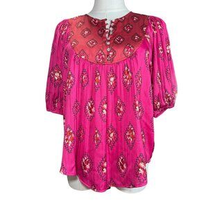 Anthropologie Silky Boho Peasant Blouse XS – Pink Ikat Print, Button Front Yoke